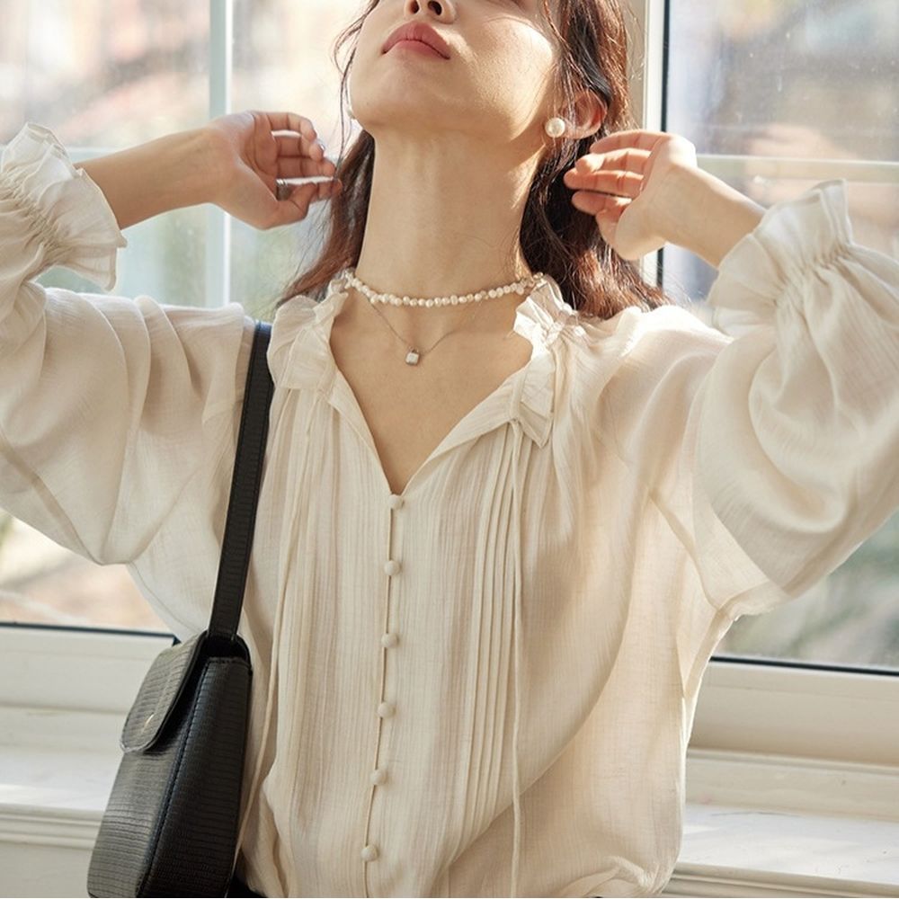 Bow Tie Top French Retro Ruffle Edge Apricot Lace Collar Shirt